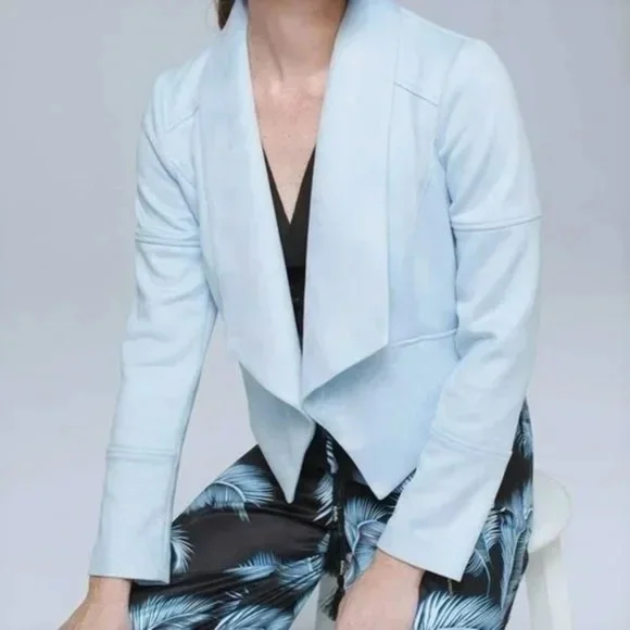 NWT White House Black Market Faux Suede Drape Front Jacket Baby Blue Size M